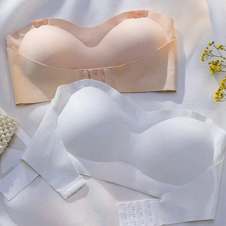 Honrane Women Bra Gathered Non-slip Elastic Seamless Solid Color Support  Breast Detachable Straps Wire Free Invisible Brassiere for Club