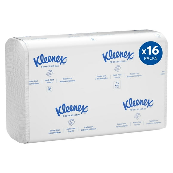 Toallas de papel para manos Kleenex Multifold a granel (01890) Hojas suaves y absorbentes de 9.2" x 9.4" Blanco (150 hojas/paquete 16 paquetes/estuche 2 400 hojas/estuche)