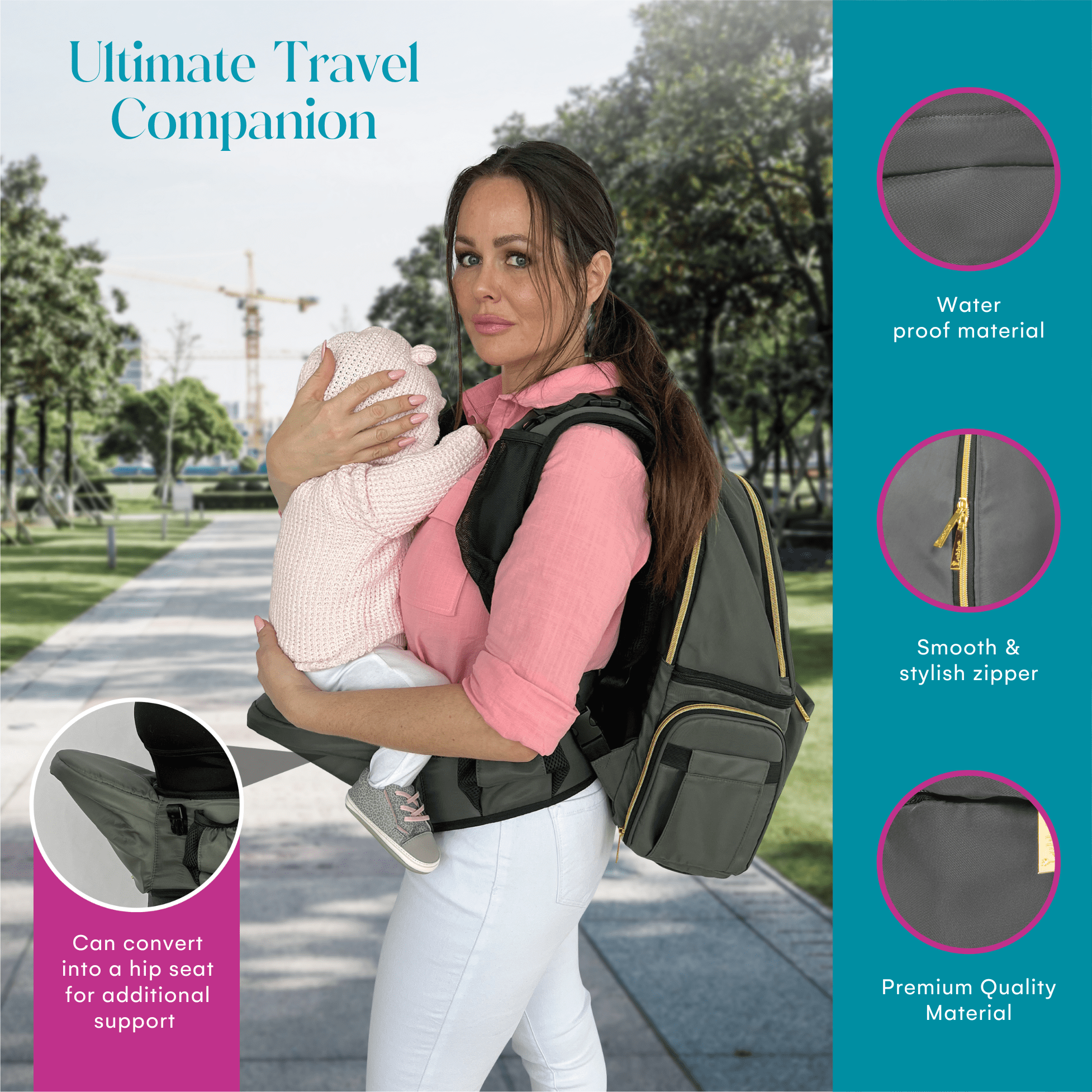 Lublu Diaper Bag Backpack with Baby Carrier, Hip Seat, Changing Pad, Insulated Pockets, Black or Grey (Black)