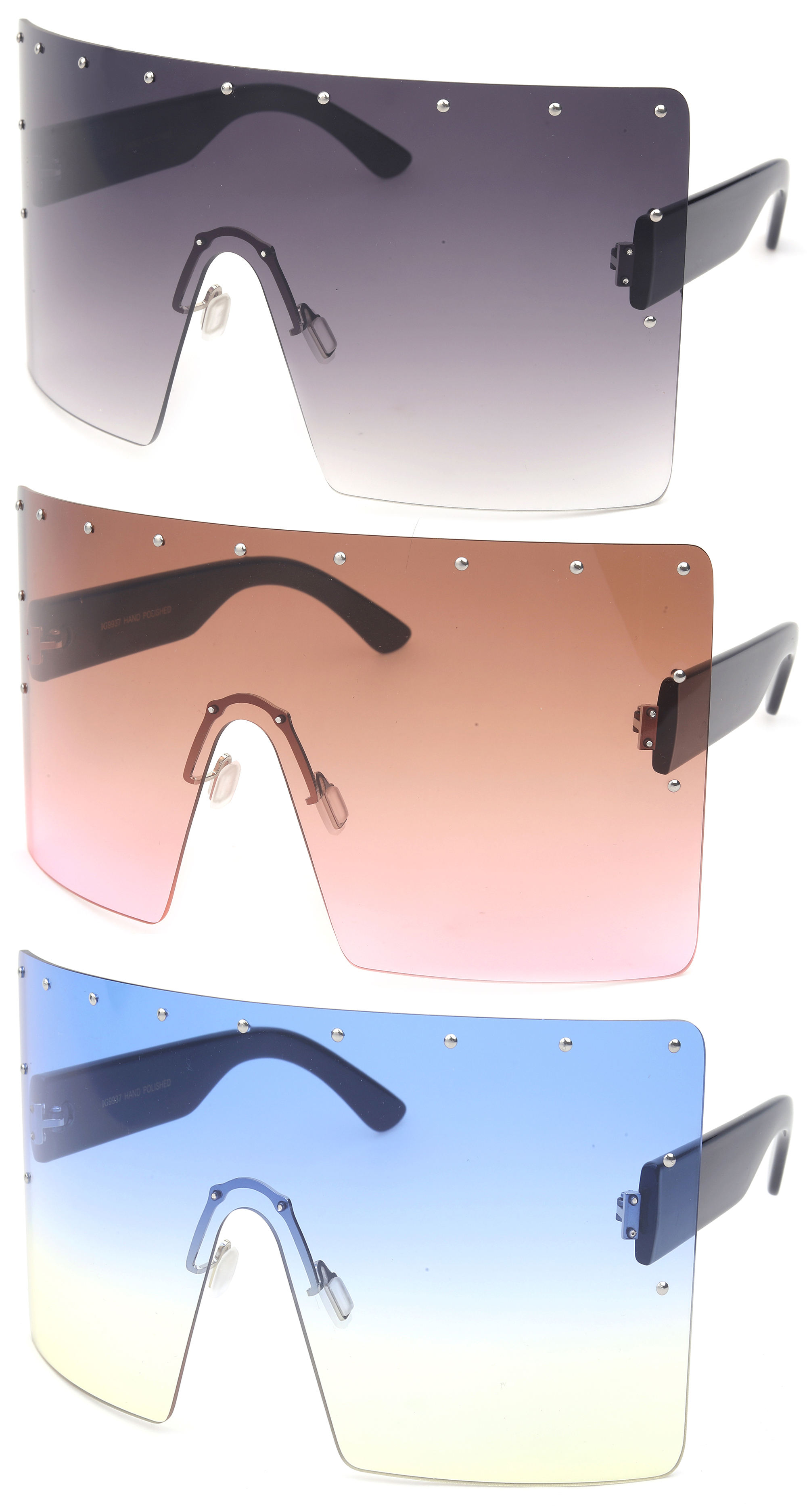 3 Pairs Newbee Fashion One Piece Lens Oversized Square Rimless Large Fashion Sunglasses for Women, 7*3.25 inches Rectangle Flat Top Face Shield, Pins Decorations, UV 400 Lens, Smoke & Pink & Blue - image 1 of 2