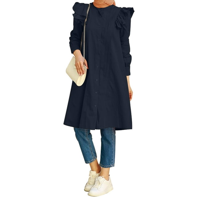 ZANZEA Women Solid Color Button Down Puff Long Sleeves Muslim Casual Blouse