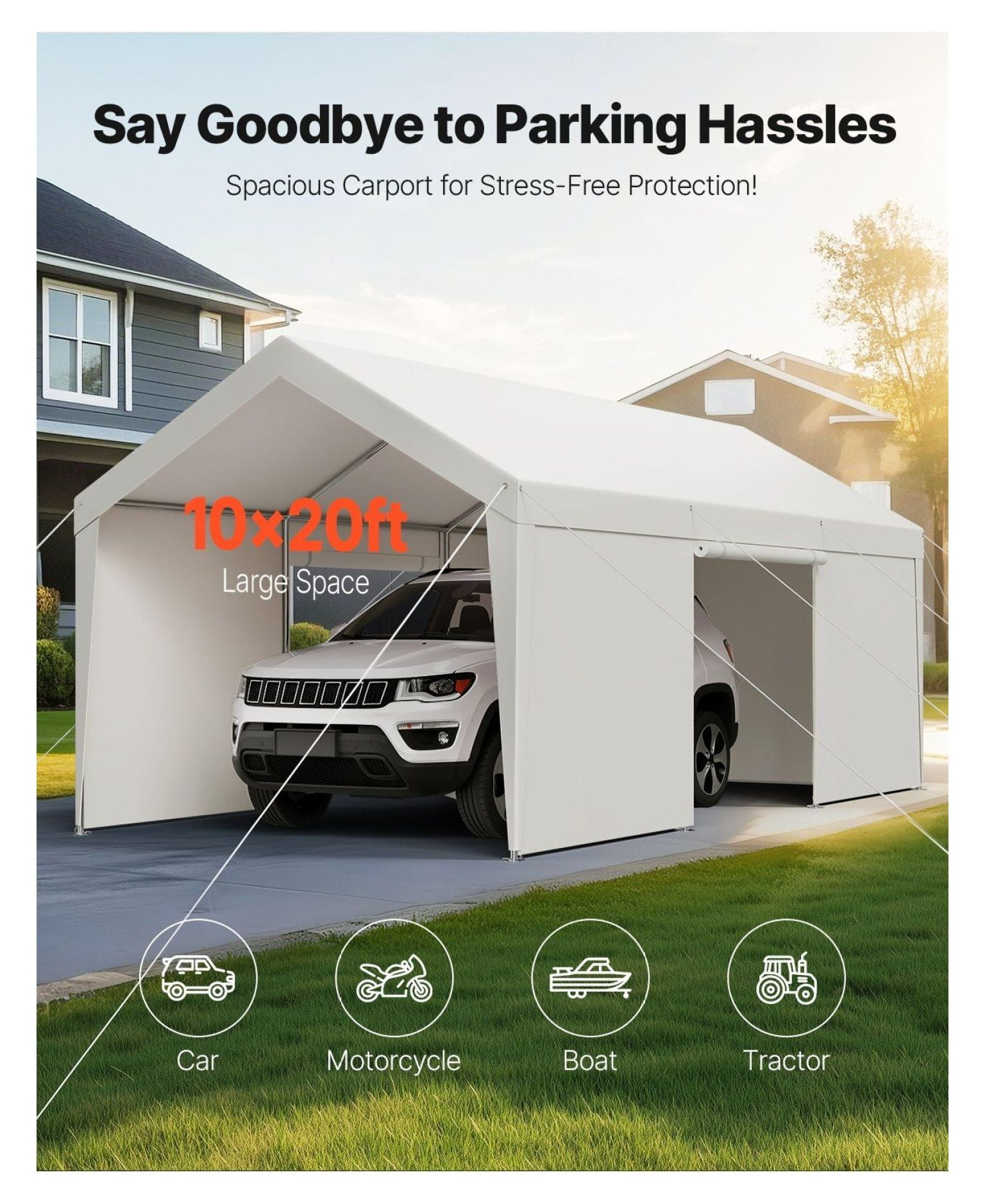 Carport Car Canopy 10x20FT Heavy Duty, Waterproof Car Shelter with Sidewalls - White Outdoor Vehicle Protection
