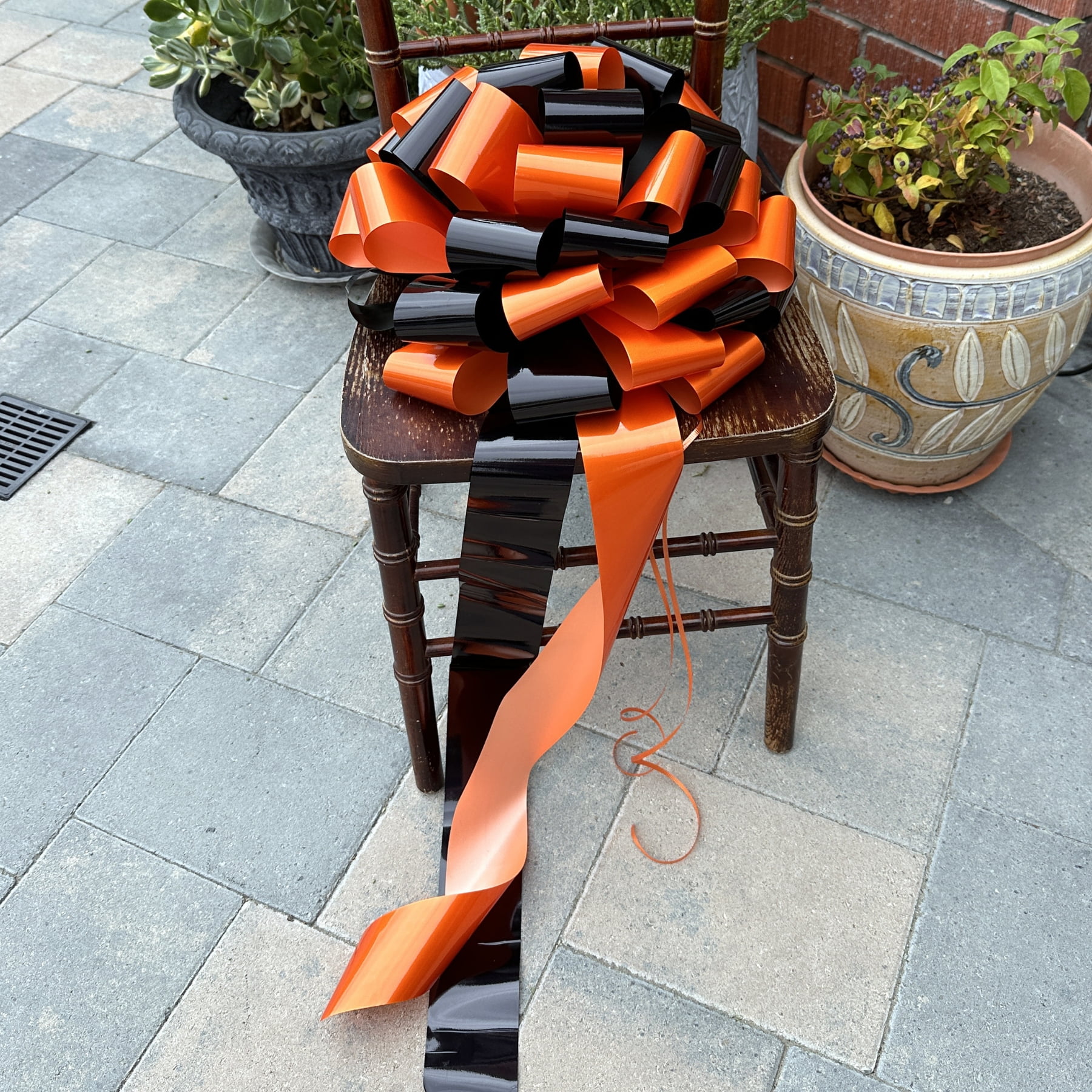 Large Car Bow, 16" Wide - Orange & Black, Halloween, Gift Bow