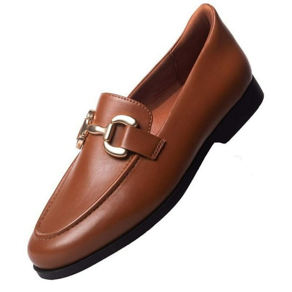 Womens Hands Free Slip On Fashion Classic Casual Comfort Buckle Loafers for Women Cognac