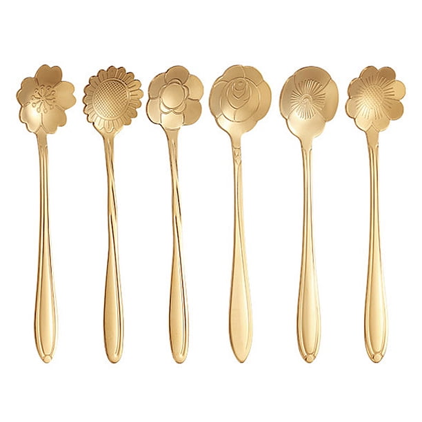 Juego de 6 cucharas de flores, cucharaditas de café, vajilla de acero inoxidable, cuchara de azúcar creativa, cuchara de té, barra para revolver, cuchara para agitar, 6 patrones diferentes
