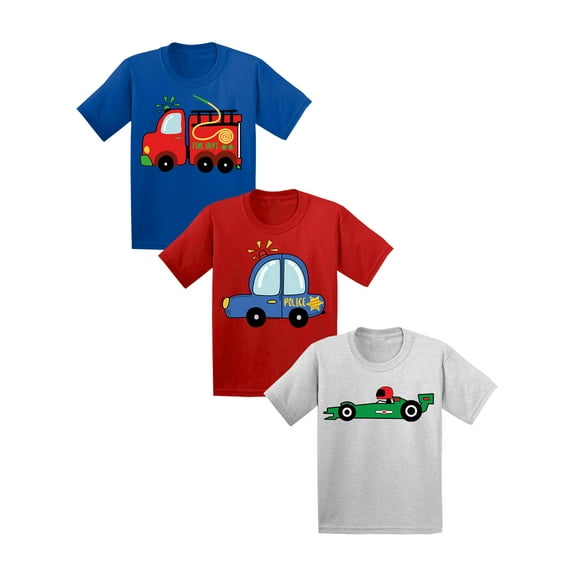 Awkward Styles Set of 3 Graphic T Shirts for Kids Firefighter Tee Race Car Boys Shirt Policeman Shirt for Boy Red Grey Blue Crew Neck Shirts for Youth 3 Pack