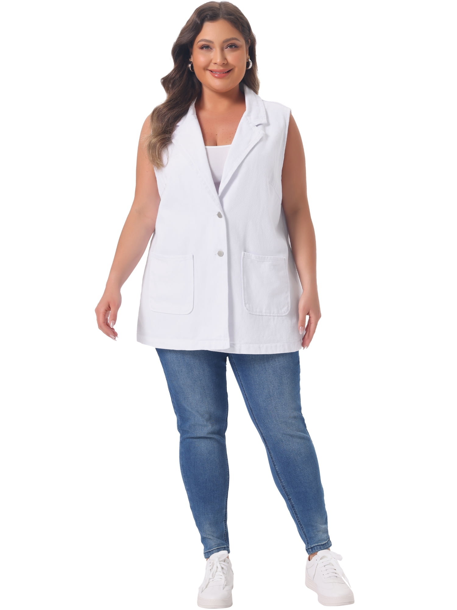 DARING DIVA Women's Plus Size Dressy Sleeveless Long Jean Jacket 2X White