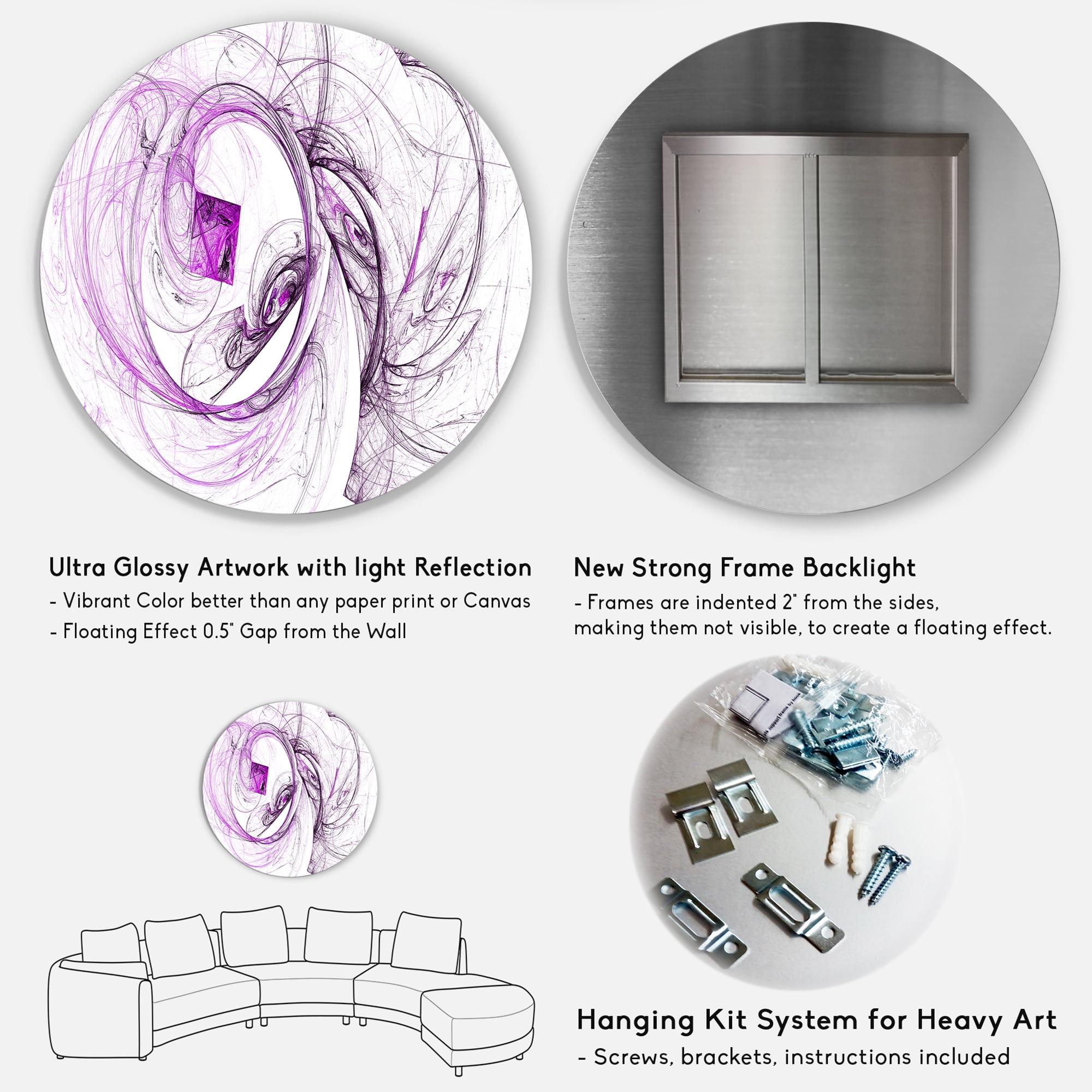 Designart 'Billowing Smoke Purple' Abstract Circle Metal Wall Art