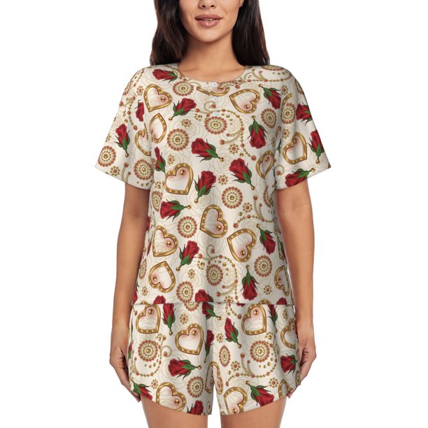 Balery Valentine'S Day Rose Conjunto de Pijama para Mujer con Estampado, Dos Piezas de Manga Corta y Shorts, Ropa de Dormir Suave con Cuello Redondo y Bolsillos-3X-Large