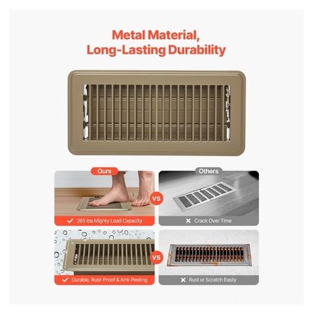Floor Registers 4x10 Inch 6-Pack HVAC Vent Covers - Heavy Duty Iron Floor Vents Adjustable Airflow Rust-Proof Brown - for Home & Office