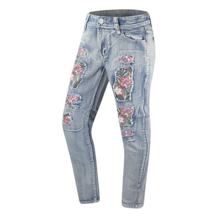 NEW Men Denim Jean Quality High End Flower Print Blue White Floral ALL (Best High End Jeans)
