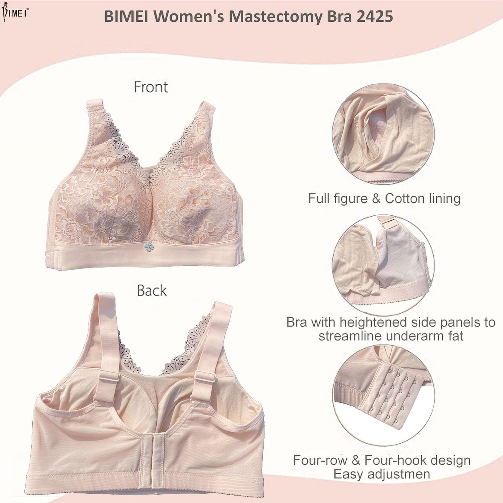 BIMEI Women Mastectomy Bra Breast Prosthesis with Pockets Wirefree Comfort Everyday Bra 2425,Pink,36B/C/D/E