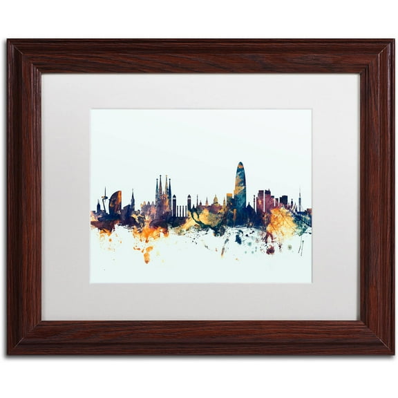 Trademark Fine Art "Barcelona Spain Skyline Blue" Canvas Art by Michael Tompsett, White Matte, Wood Frame