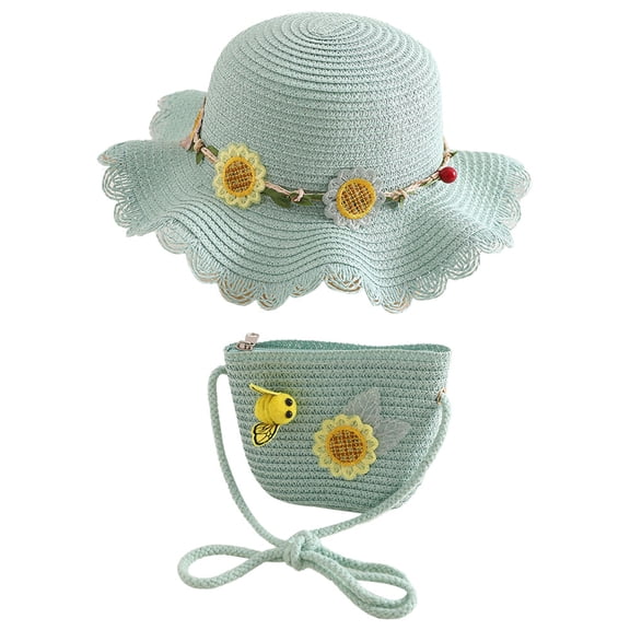56-58cm hat circumference women's straw hat big brimmed hat sports outdoor beach hat wave edge sun hat and straw bag set - green