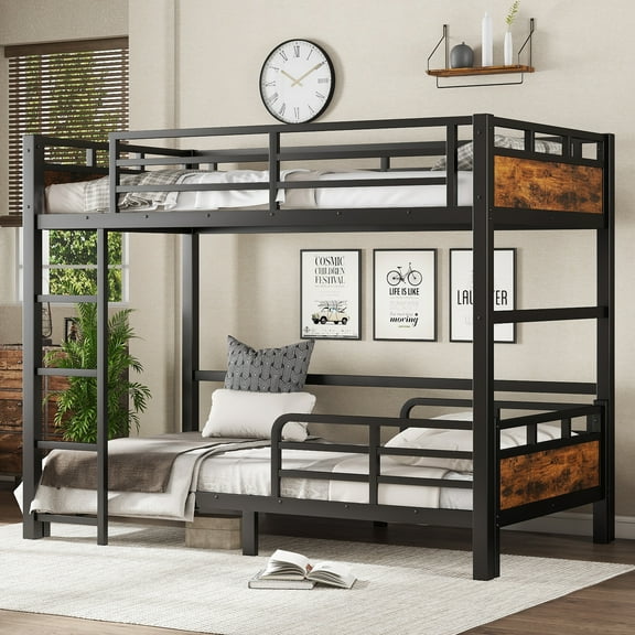 Twin XL over Twin XL Convertible Bunk Bed, Detachable Metal Loft Bed and Platform Bed, Space Saving Split Design with Security Fence, Vintage Wood Finish