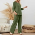 thumbnail image 4 of Women's Ribbed Knit Sweatsuit 2 Piece Set 2025 Crewneck 3/4 Sleeve Top and High Waist Wide Leg Sweatpants Casual Matching Lounge Outfit with Pockets Comfy Tracksuit Solid Color Coordinates, 4 of 8