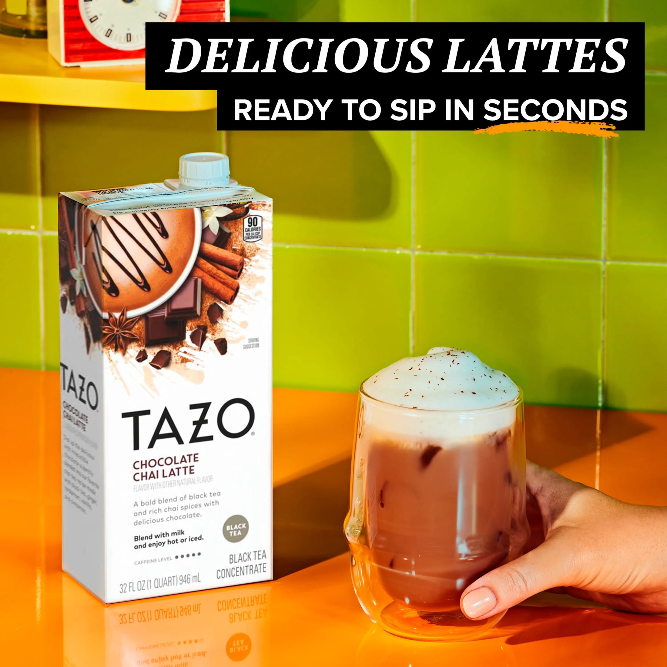 (6 pack) TAZO Chocolate Chai Tea Latte, Flavored Black Tea Concentrate, Easy to Serve Café-Style Lattes, Caffeinated, Hot or Iced Chocolate Tea, 32oz  Carton