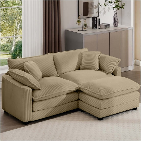 JERFIT Modern L-Shaped Corduroy Loveseat Sofa with Ottoman for Small Spaces, Tan Two-Seater Couch with Chaise Lounge