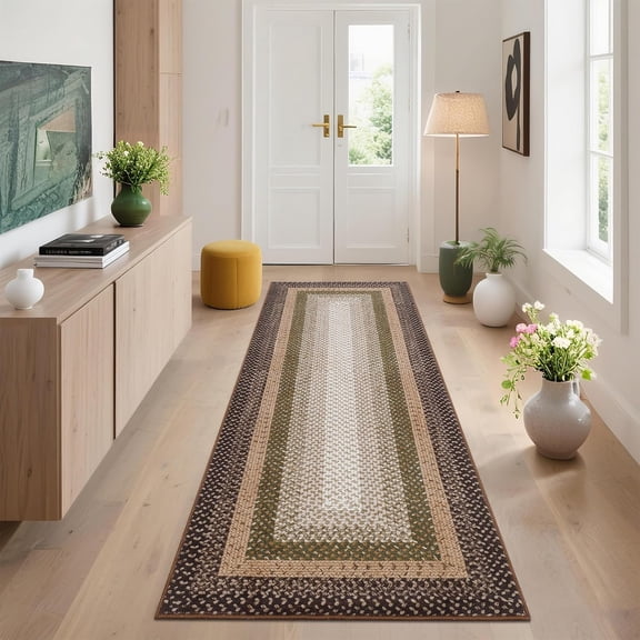 2x8 Washable Hallway Runner Rug, Low Pile Braided Print Area Rug with Non Slip Backing, Soft Polyester Carpet for Kitchen, Entryway, Laundry Room, Bedroom, Living Room,Brown green