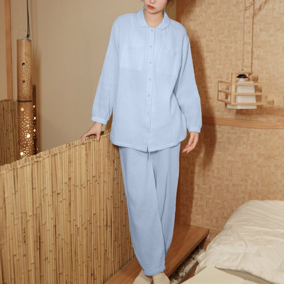 Sakmal Long Sleeve Pajamas for Women Set Blue Solid Cotton Button Down Loose Fit Sleepwear Tops