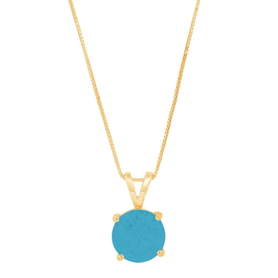 2 ct Brilliant Round Cut Solitaire Simulated Turquoise 14k Yellow Gold Pendant with 16" Chain