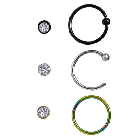 Body Jewelry Adult Women's Stainless Steel 316L 20G Crystal Nose and Hoop Set, 6 Pack