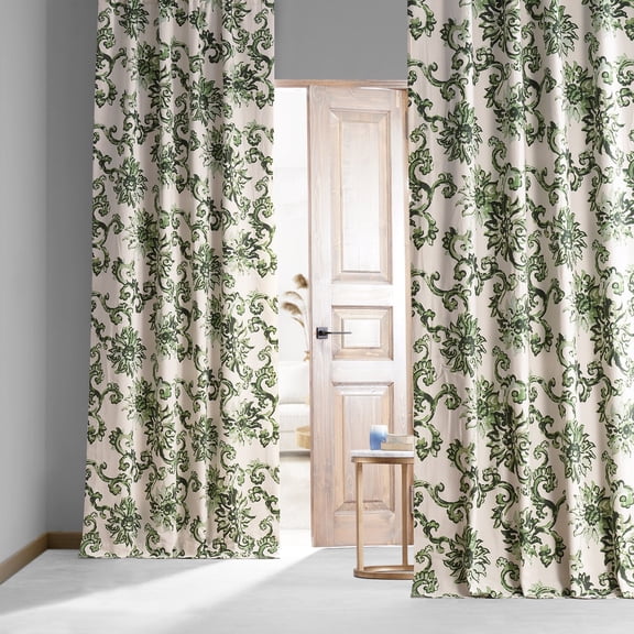 Indonesian Green Printed Cotton Hotel Blackout Curtain (1 Panel), Indonesian Green, 50W X 108L