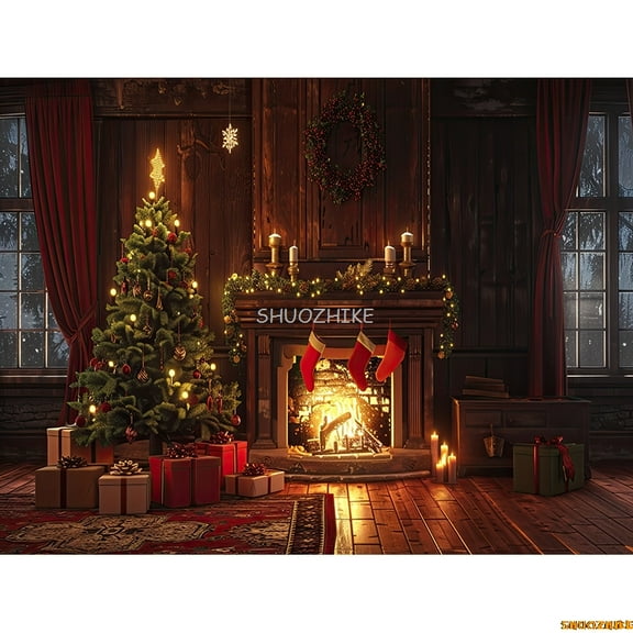 Merry Christmas Background Cosy Living Room With Xmas Tree ration Snow New Year Winter Holiday Photography Backdrops XM-02