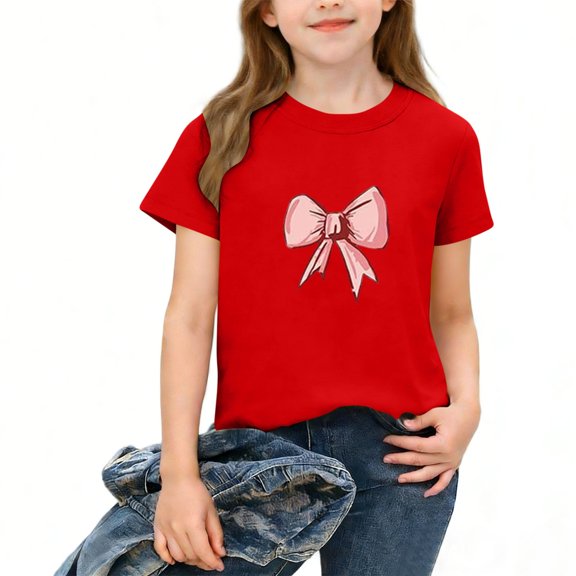DJDLJWCJ Teen Girl T Shirts, Graphic Tees Girls Crewneck Bow Printed Casual Shirts Girls Short Sleeve Shirts Kids Summer Tops Red 11-14 T