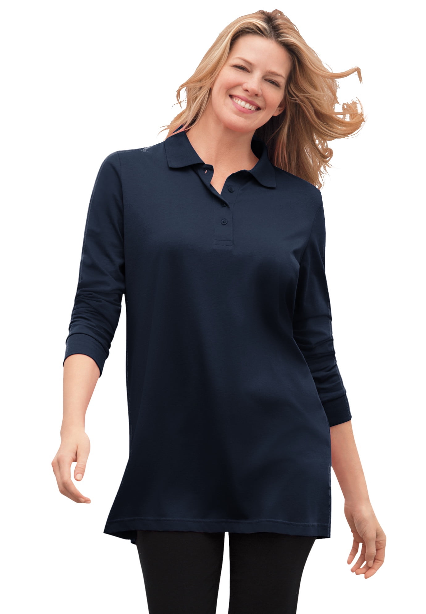 Woman Within Women's Plus Size Long-Sleeve Polo Shirt - 1X, Navy Blue - Walmart.com