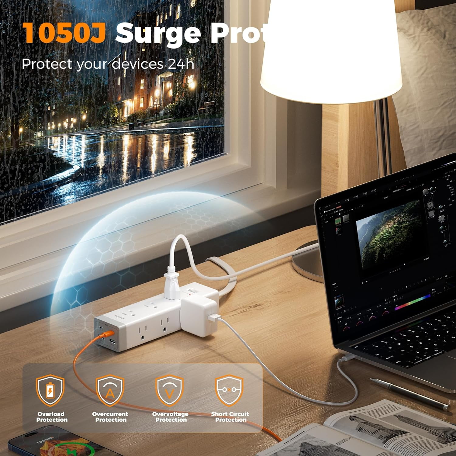 Sur Protector Power Strip PD 20W, Ultra Thin Flat Plug 6 FT Extension Cord, 9 Outlets 4 USB(2 USB C), 1050J Protection Multiple Outlets Charging Station for Home, Office, Colle Dorm Room