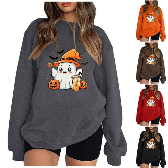 VKOYWKM Women's Oversized Sweatshirts Halloween Ghost Graphic Sweatshirt Crewneck Long Sleeve Fall Pullover Party Tops Matching Family Halloween Sweatshirts
