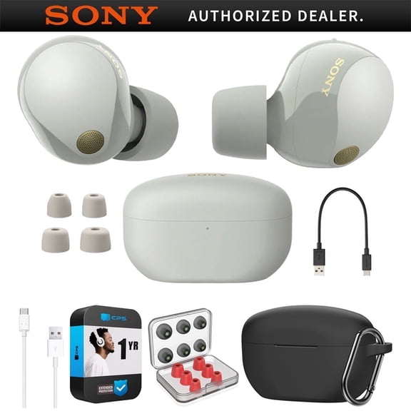 Sony WF-1000XM5 Industry Leading Noise Canceling Truly Wireless Earbuds (Silver) Bundle with Silicone Case (Black), Memory Foam Ear Tips, USB-A to USB-C Cable & 1 YR CPS Enhanced Protection Pack