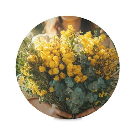 

WOBOGO Hold Yellow Flower Round Placemats Set of 1 Heat Resistant Washable Kitchen Table Decorations 15.4in