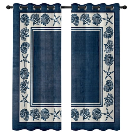 Navy Blue Beach Blackout Curtains 84 Inches Long Coastal Summer Starfish Shell Coral Nautical Vintage Thermal Insulated Room Darkening Drapes with Grommets for Living Room 42 W x 84 L 2 Panels