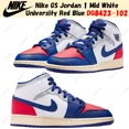 thumbnail image 1 of N I-K-E GS Jo r-dan 1 Mid White University Red Blue DQ8423-102 Size 3.5Y-7Y, 1 of 6