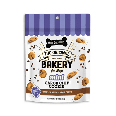 Three Dog Bakery Mini Carob Chip Cookies, 8 oz Crunchy Treats for Dogs