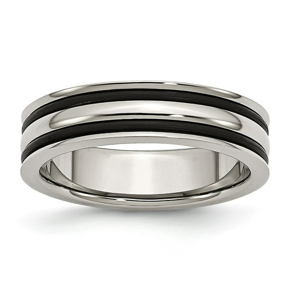 Stainless Steel 6mm Grooved and Black Rubber Band Ring - Size 10.5
