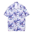 thumbnail image 2 of Camisa estampada de manga corta elegante para hombre, de color morado, imprescindible para vacaciones, con cuello vuelto y botones casuales para viajes, 2 of 4