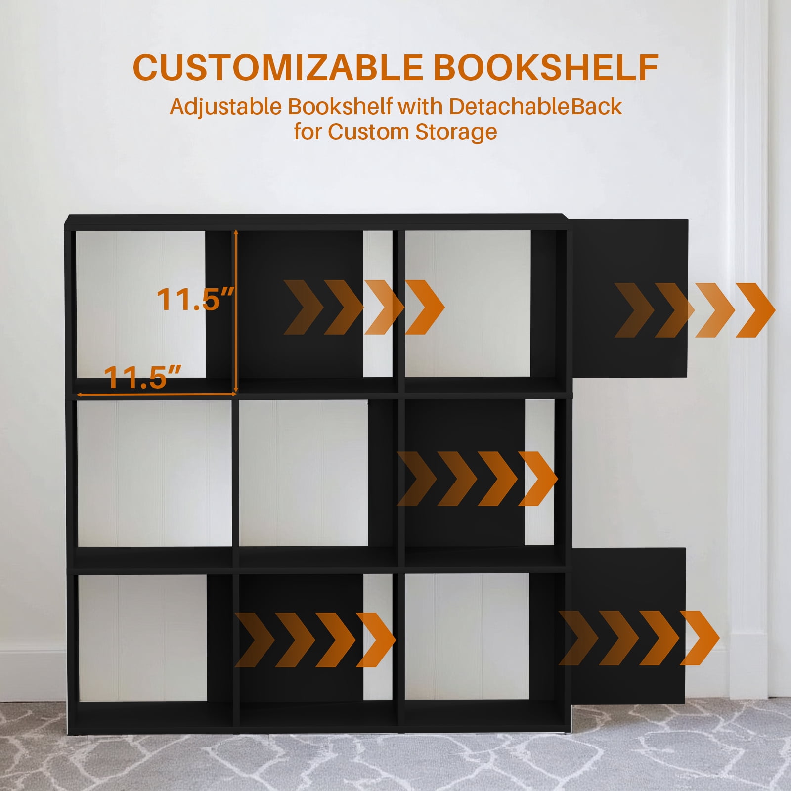 Simenmax 9 Cube Storage Organizer, Bookshelf with 5 Removable Back Panels for Living Room, Bedroom, Home Office, Black