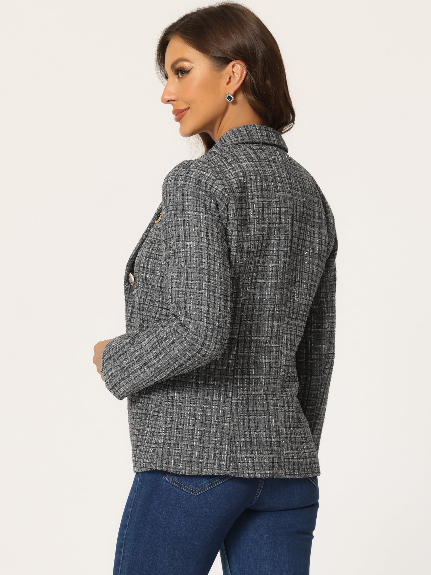 DARING DIVA Women's Plaid Blazer Notch Lapel Tweed Jacket XS Gray