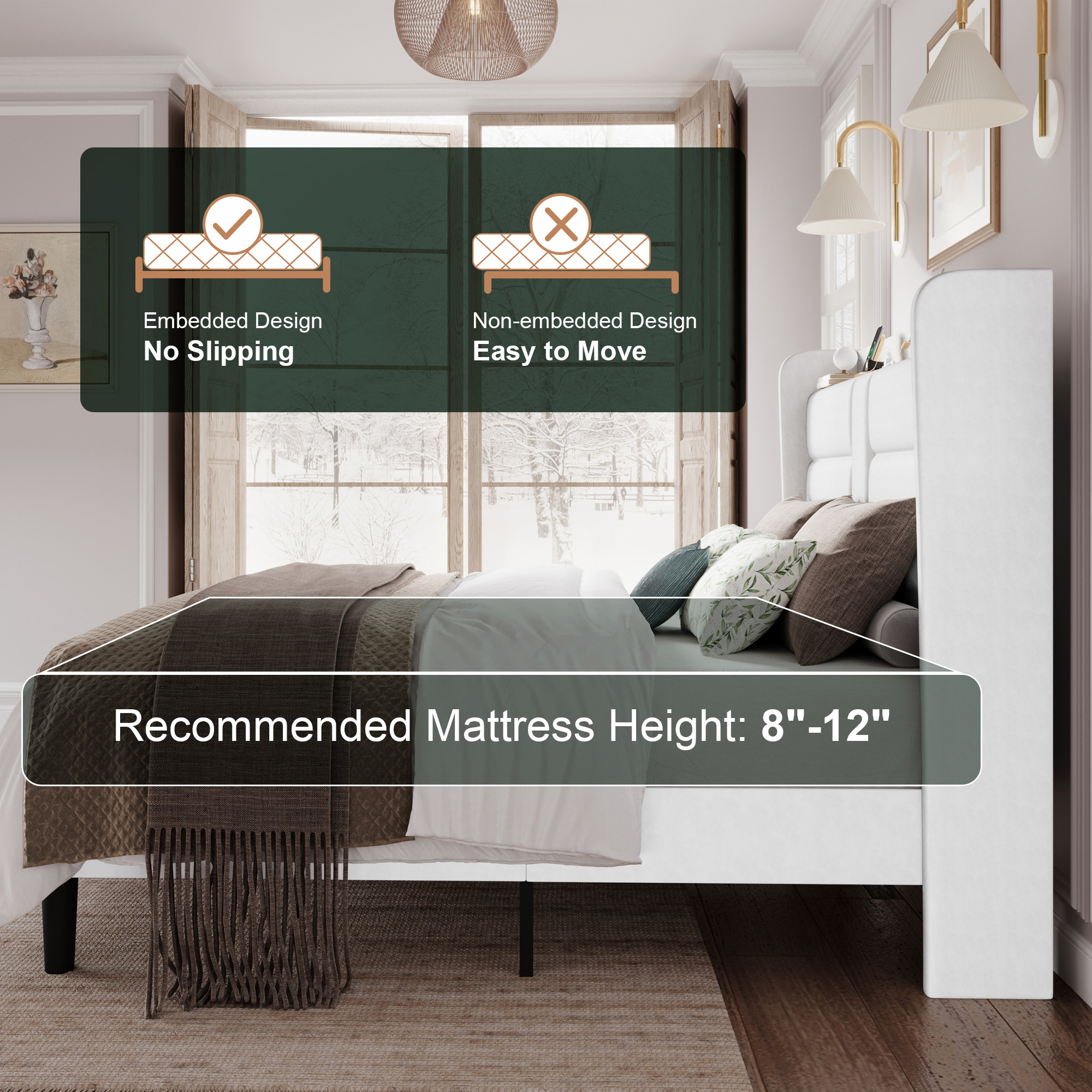 Amolife King Size Upholstered Platform Bed Frame with Velvet Wingback Headboard & USB Charging Ports, No Box Spring Needed, White