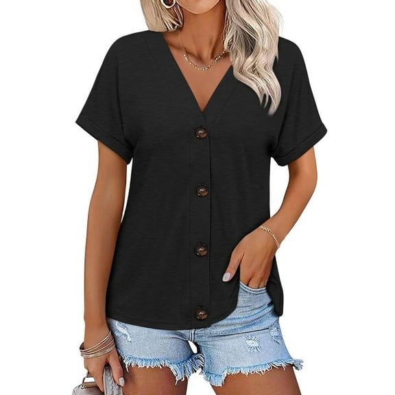 Women'S Short Sleeve V Neck Tops Casual Button Down Summer T Shirts Basic Ladies Tees Black XXL