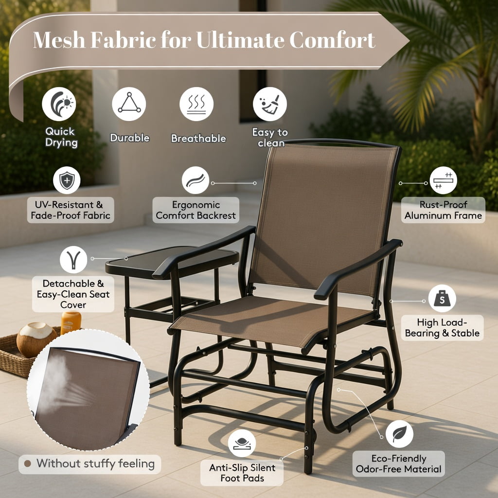 Hommoo 2-Person Outdoor Rocking Loveseat with Tempered Glass Center Table, Steel Frame Seating for Patio, Lawn & Garden, Brown
