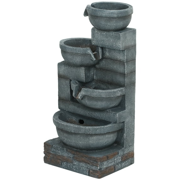 Homiyad 30" Tall Outdoor Water Fountain with LED Lights, 4-Tier Resin Cascading Bowls Outdoor Fountain Waterfall Fountain with Pump, Gray