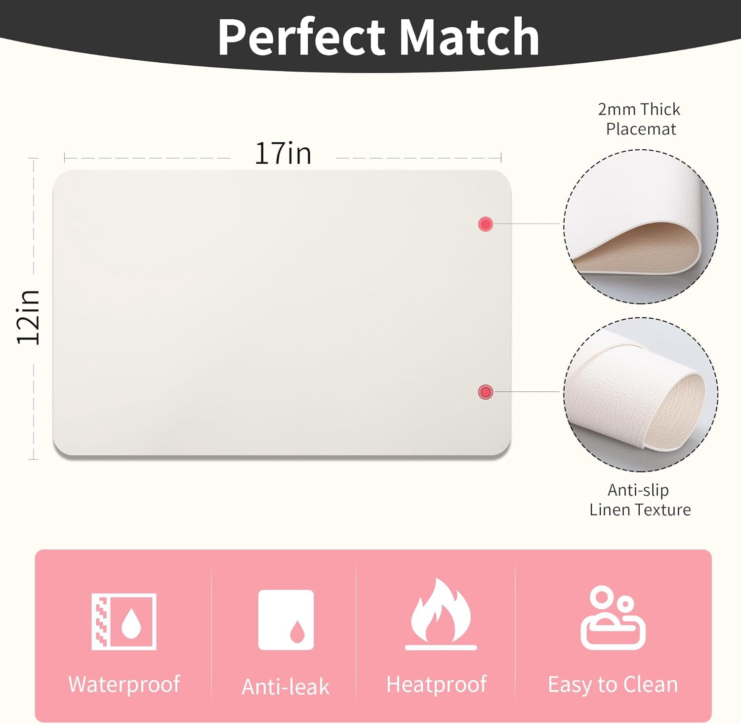 Lifestance Faux Leather Placemats Set of 6, Waterproof Heat Resistant Non Slip Dining Table Mats, 17x12 inch Rectangle Ivory White, Indoor Outdoor Use