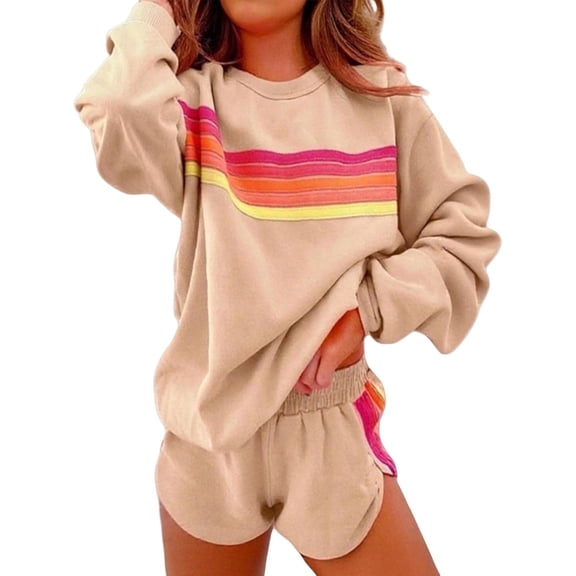 2 Piece Lounge Sets for Women Rainbow Striped Outfits Casual Long Sleeve Sweatshirt Shorts Trendy Matching Sweatsuit