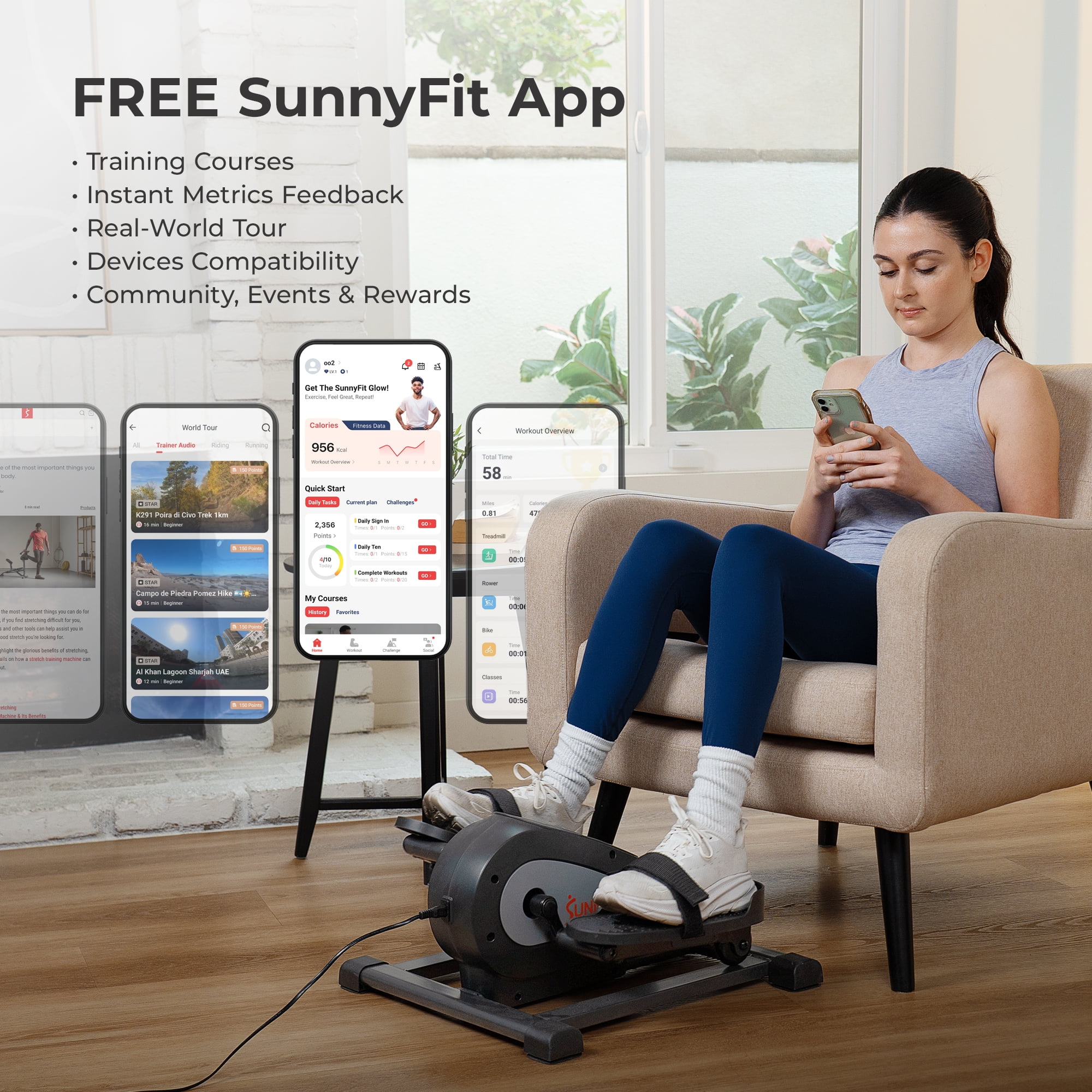 Sunny Health & Fitness Elliptical Trainer, Standard Motorized Mini with Free SunnyFit App