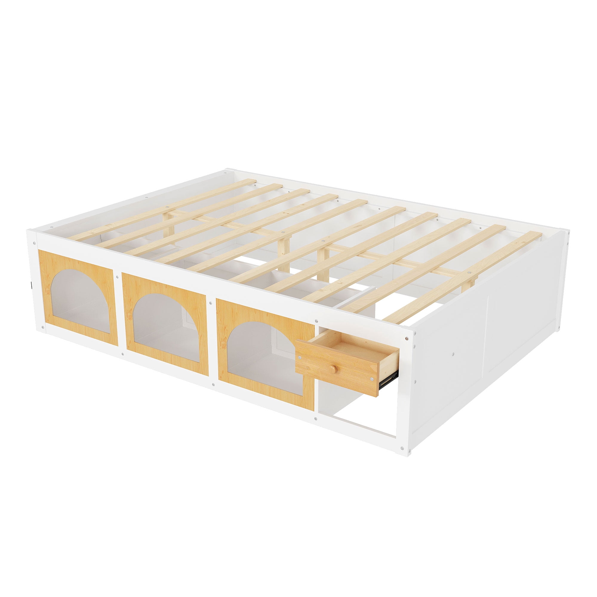 Mintazer Modern Queen Size Bed with Bookshelf and 3 Open Cubbies & Drawer, Platform Bed Frame with LED Light for Kids Bedroom, Natural & White