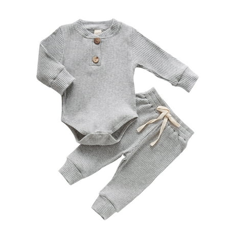 

Xingqing Infant Baby Knit Outfits Suits Buttons Round Neck Long Sleeve Romper Top Elastic Long Pant 2PCS